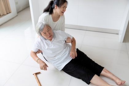 Elderly woman on the floor after falling down
